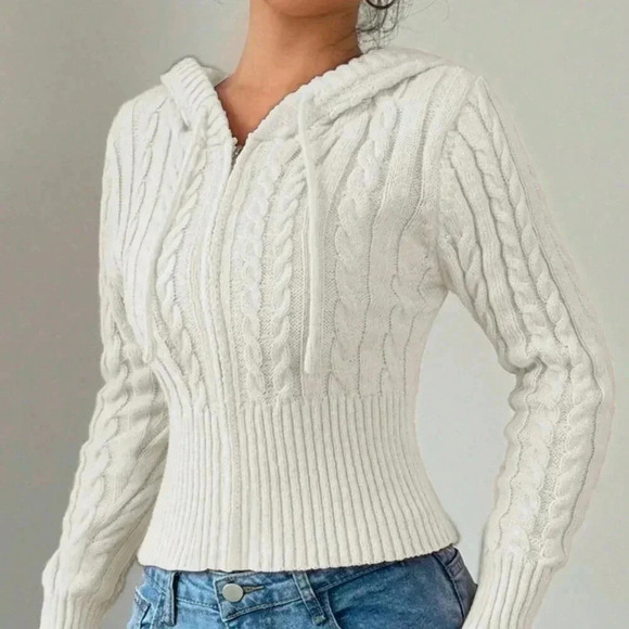 White Casual Women's Fitted Drawstring Hooded Cardigan - Picture 5 of 5